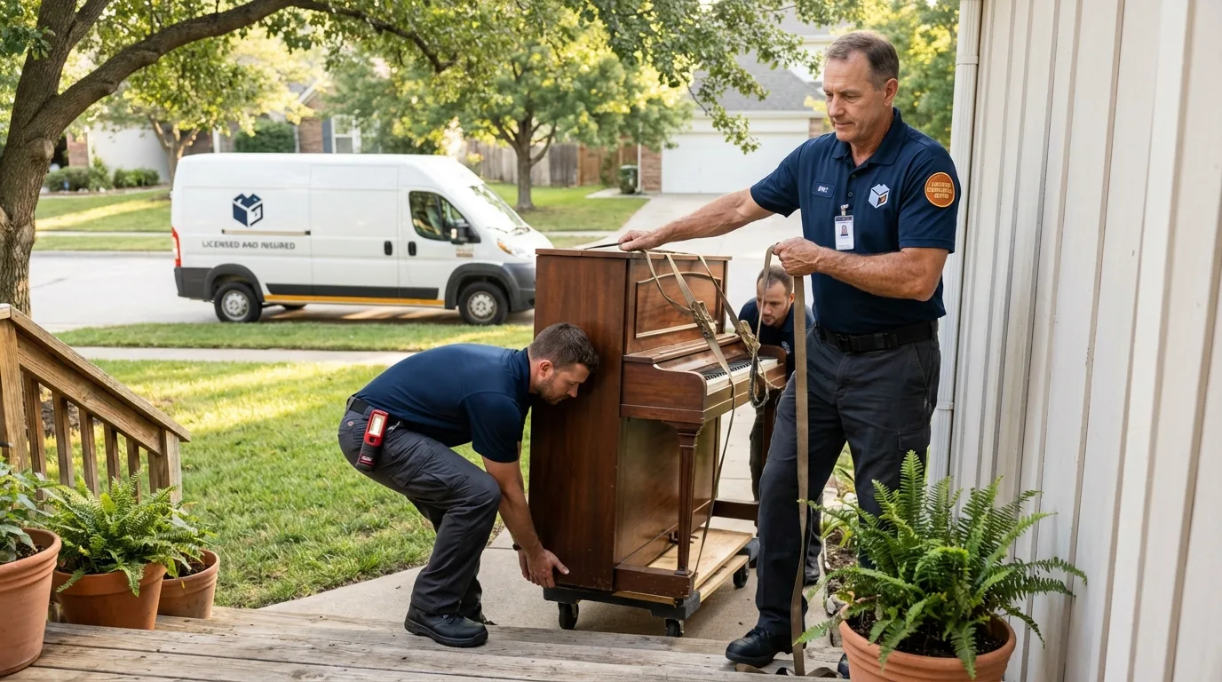 Licensed piano movers securing grand piano in Vandergrift, PA