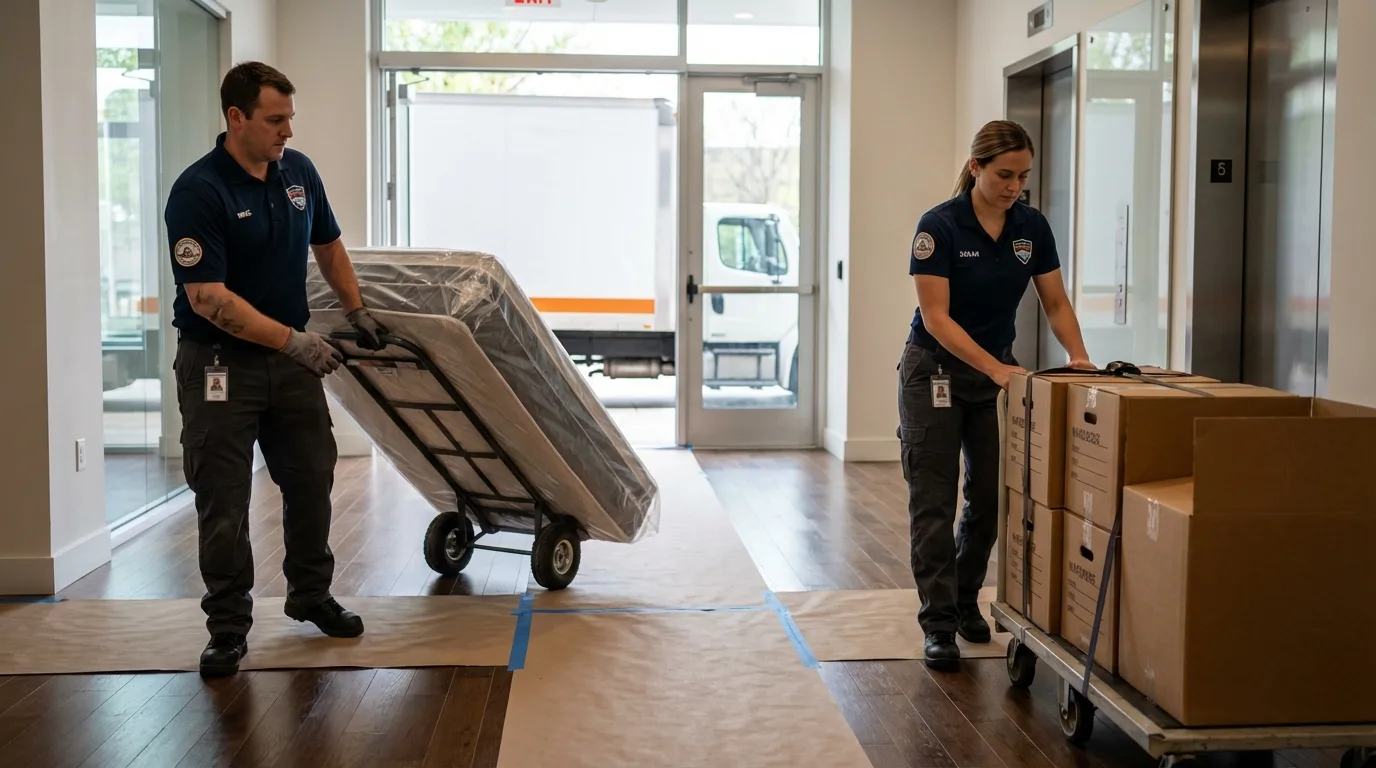 Professional apartment movers loading elevator in Vandergrift, PA