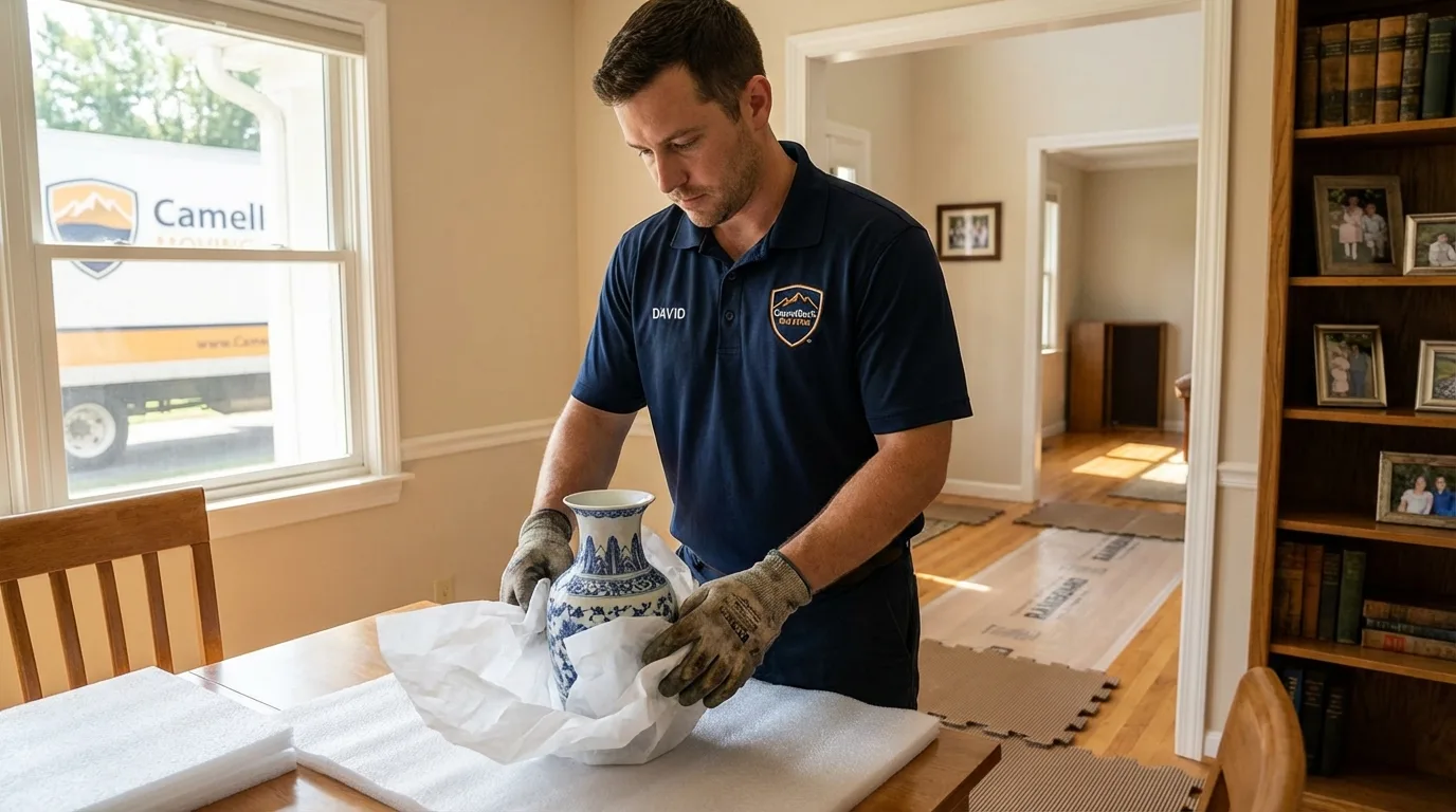 Professional crew carefully wrapping antique vase for senior downsizing move in Vandergrift, PA